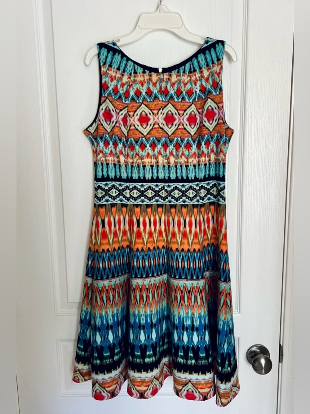 Gabby Skye Multicolor Boho Aztec Print Sleeveless Swing Dress - Turquoise, Coral
